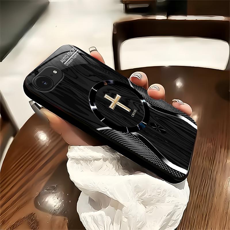 Luxury Wood Grain MagSafe phone case Carbon Fiber Texture Golden Cross Emblem for [iPhone 16e] 952