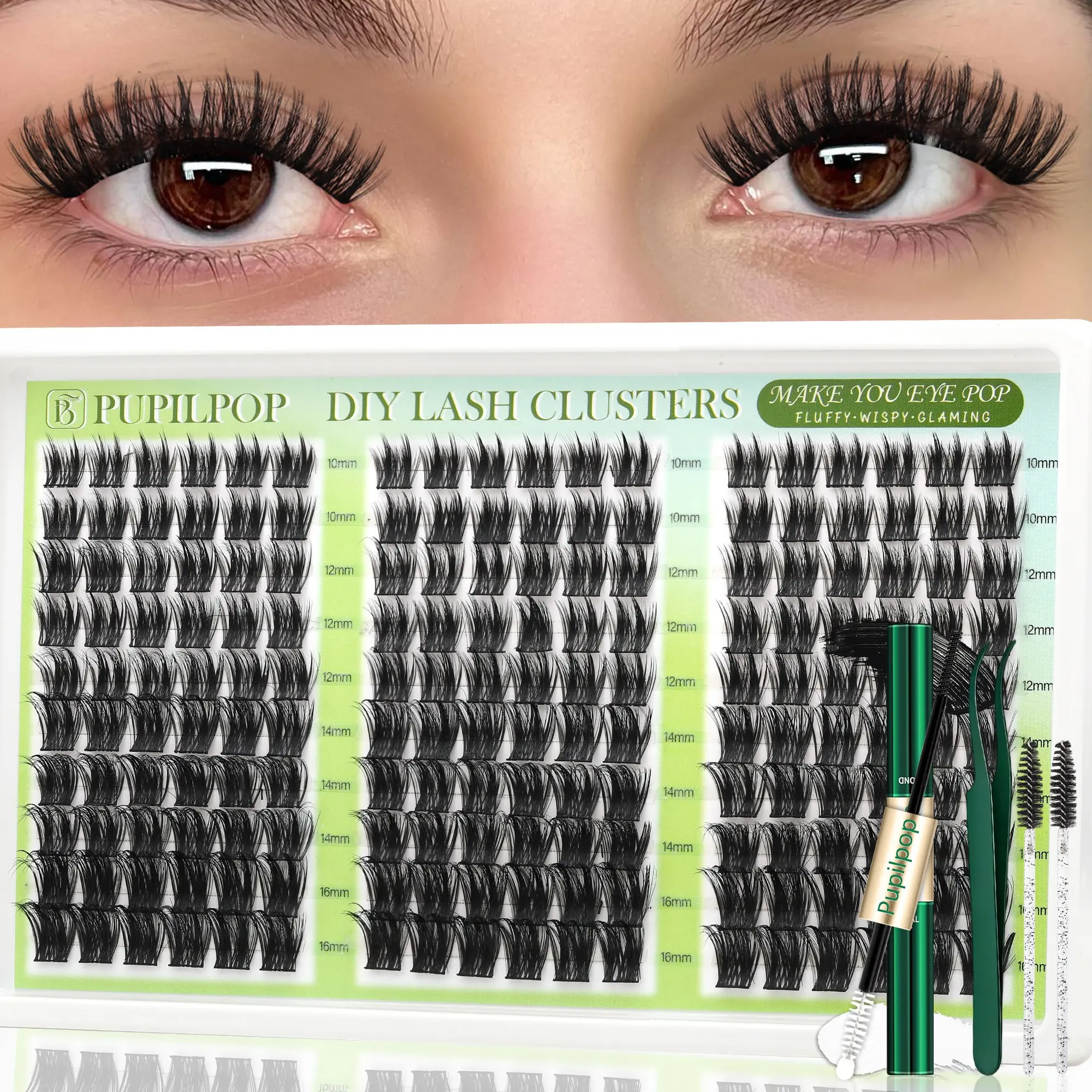 Pupilpop DIY Lash Clusters Kit, Full Volume Wispy Eyelash Extensions, 10-18mm D Curl, Soft Lightweight Lash Clusters with Bond & Seal, Precision Tweezers & Lash Brushes, At Home Extension Kit for Daily Makeup, Date Night