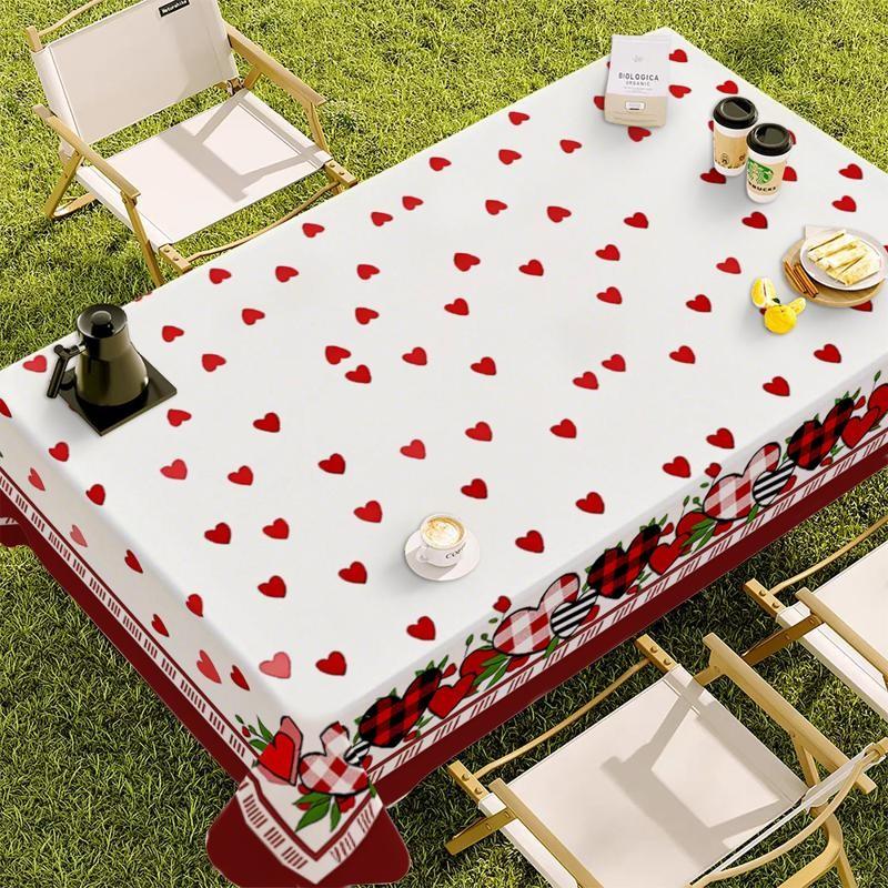 Rectangle Tablecloth with Red Heart & Checkered Border, Polyester Material, Multiple Specifications Available, Multi - Color, Easy to Clean, Suitable for Daily Use, Festivals & Anniversaries, Festive Home Decoration