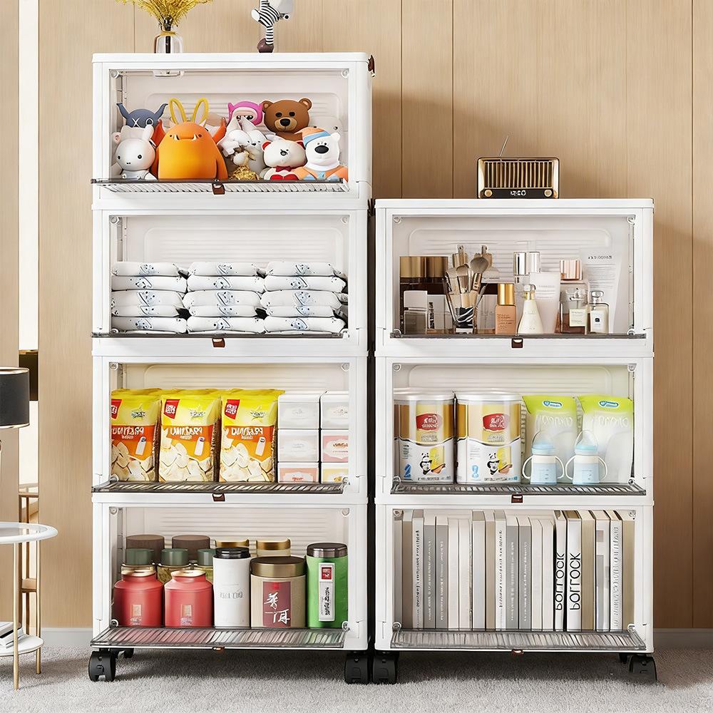 The latest multi-layer stackable transparent door storage cabinet, foldable plastic storage drawers with rollers, space-saving wardrobe storage supplies, suitable for kitchens, bedrooms, bathrooms