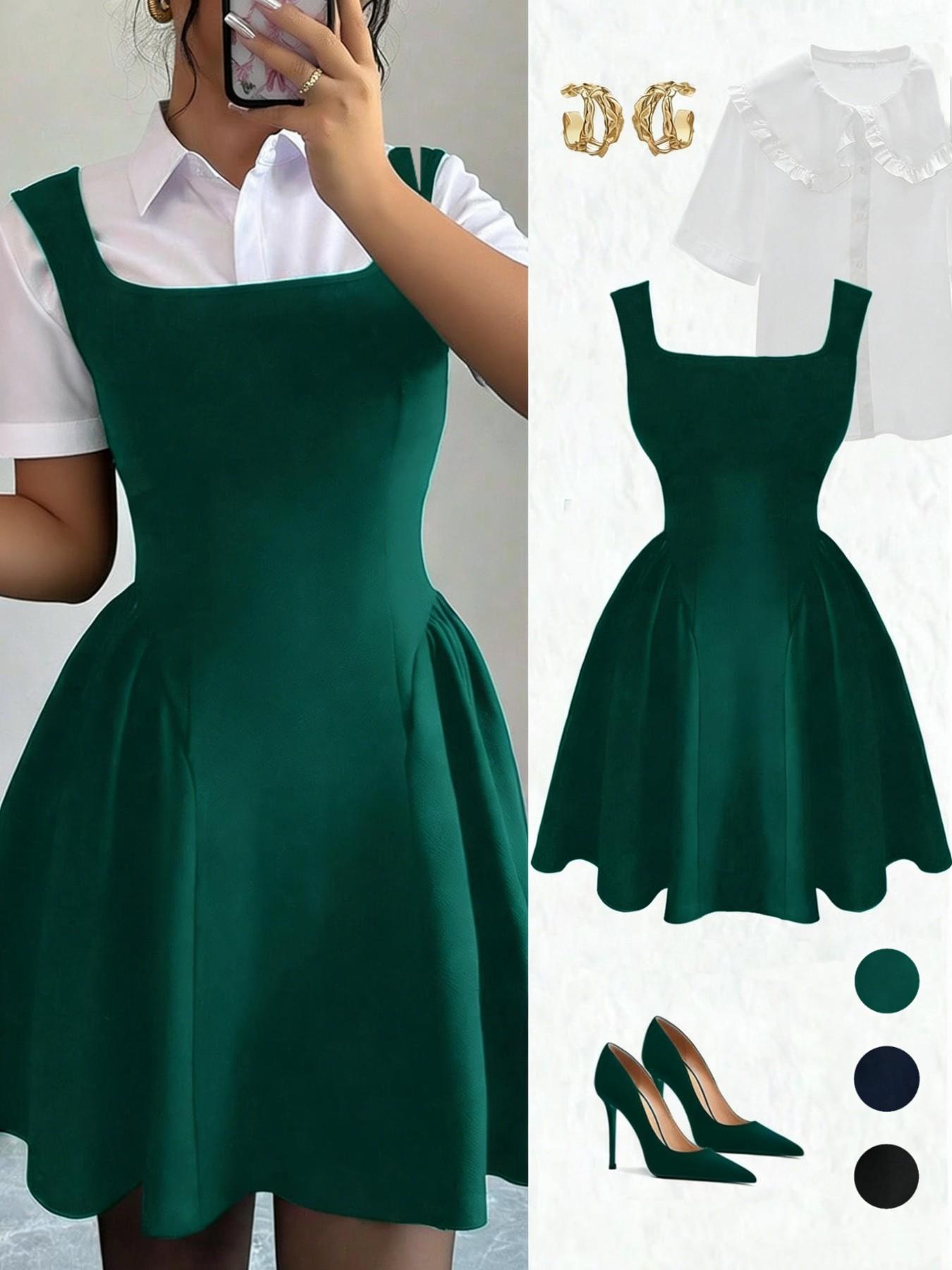 Women's Square Neck A-Line Dress, Slim-Fitting Ruffled Hem, Casual Wear for All Seasons, Perfect for Commuting and Daily Use