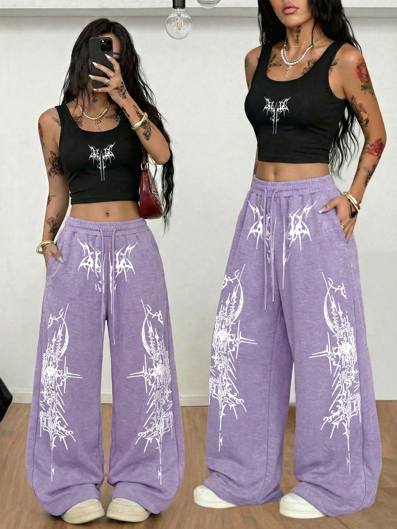 Women's Casual Streetwear Set, Fitted Sleeveless Crop Top and Straight Leg Pants, Gothic Thorn Graffiti Print, All Seasons Fashion