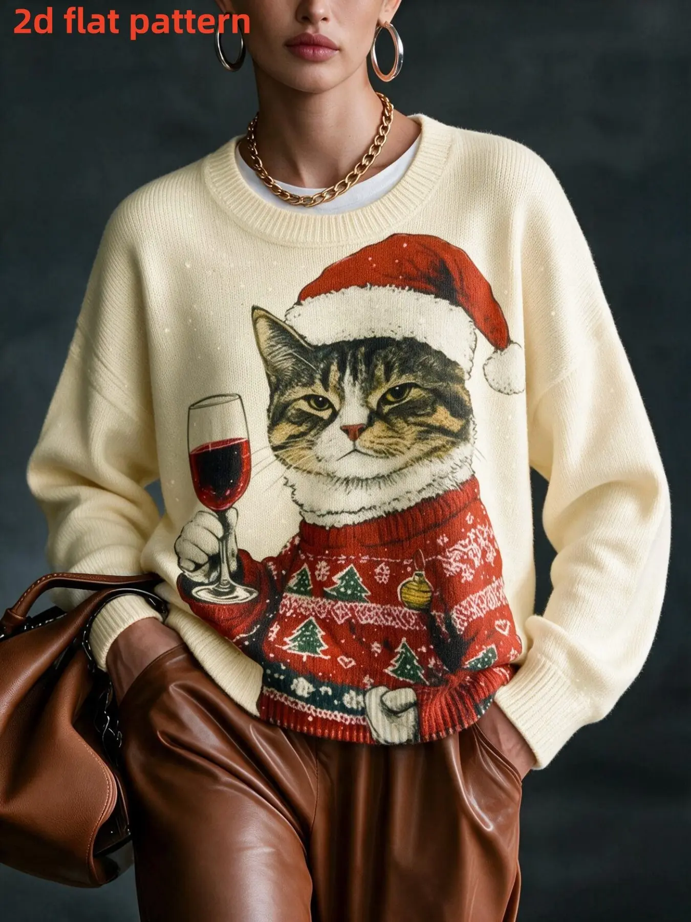Women's Long Sleeve Round Neck Knit Sweater, Cat Pattern Digital Print, Fashionable Fall Winter Top, Christmas