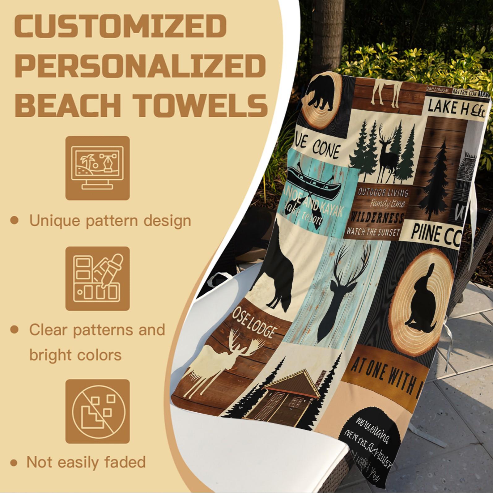 Retro Log Cabin Animal Print Beach Towel, Unique Wilderness Patchwork Beach Towel, Multi‑Color Checkered Oversized Beach Towel—Absorbent and Quick‑Drying, Perfect for All Kinds of Summer Outings