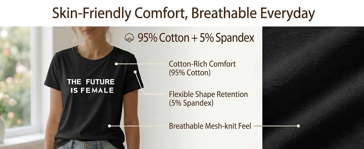Women's Short-Sleeve Casual Medium-Length Pure Cotton Graphic T-Shirt - Loose Fit, "The Future Is Female" Letter Print, Feminist Empowerment Top, Cold Wash