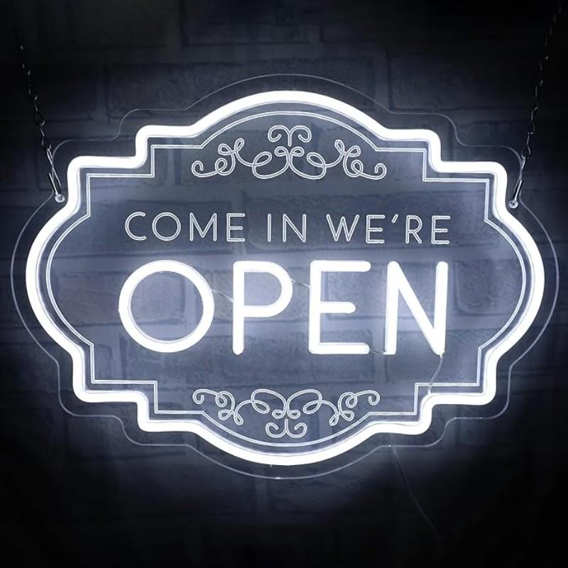 Neon Open Sign LED Welcome We Are Open, Adjustable Brightness, 16.73x12.4 Inches, for Store Windows, Glass Doors, Shops, Cafes, Restaurants