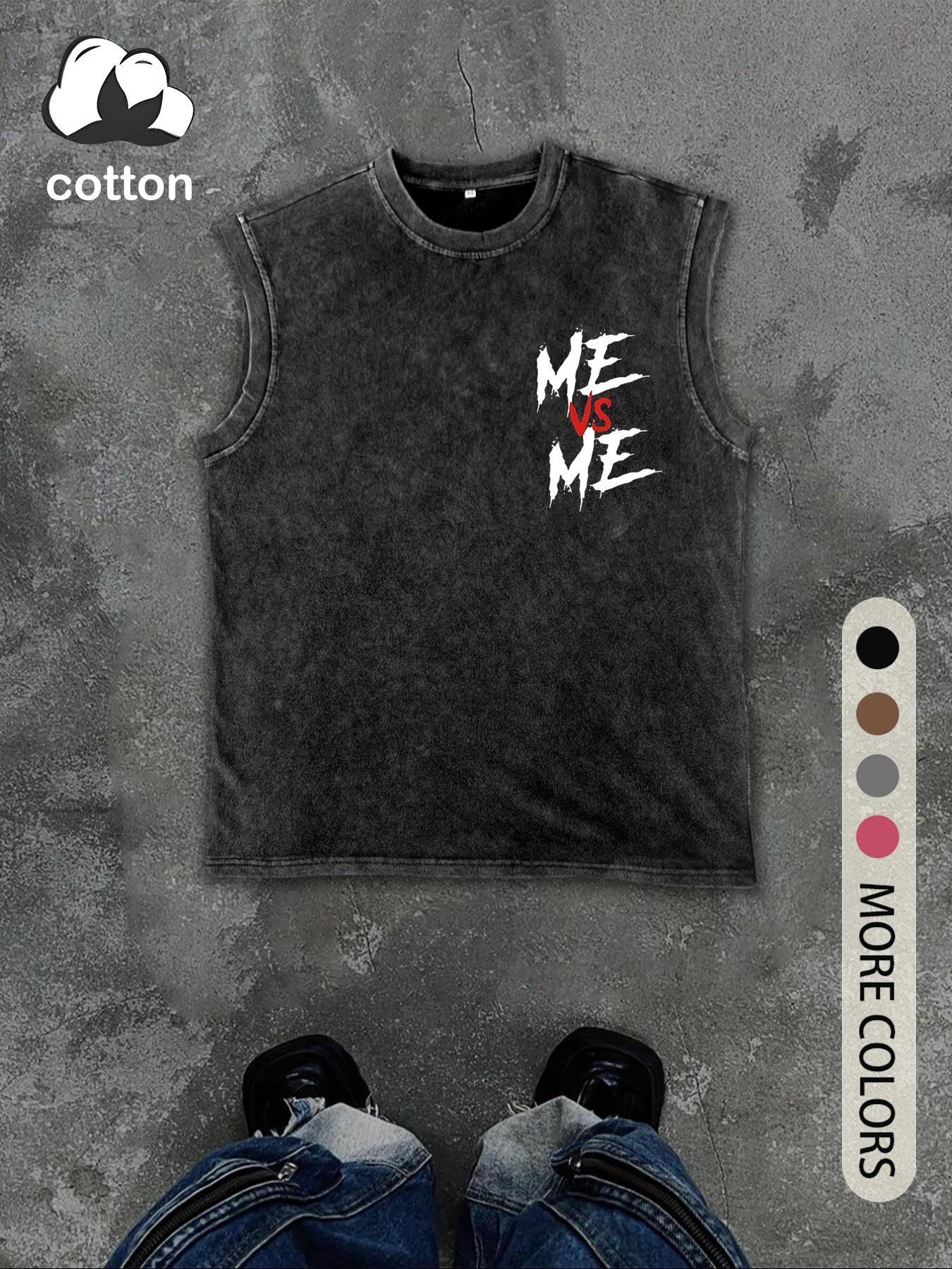 Men's Vintage Distressed "ME VS ME" Print Round Neck Tank Top, Regular Fit Casual Fashion Crew Neck Sleeveless Top for Summer, Men's Clothes for Daily Wear, Socks