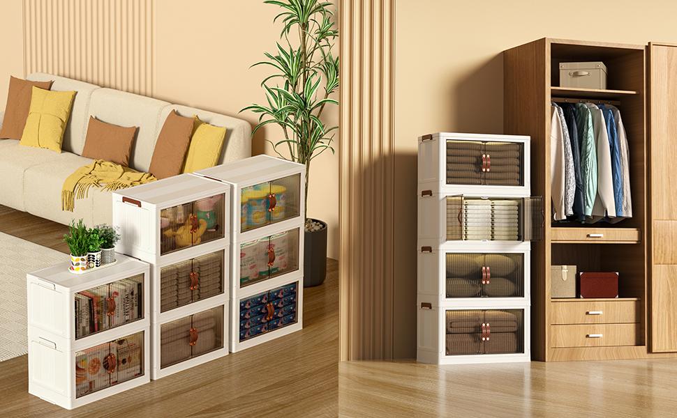 NLDD Stackable Storage Bins with Lid, Foldable Multifunctional Organizer, Folding Storage Box with Doors, Plastic Collapsible Storage Containers Open Front, Used in Living Room,Bedroom,Bathroom NLDD Stackable Storage Bins with Lid, Foldable Multifunctional Organizer, Folding Storage Box with Doors, Plastic Collapsible Storage Containers Open Front, Used in Living Room,Bedroom,Bathroom