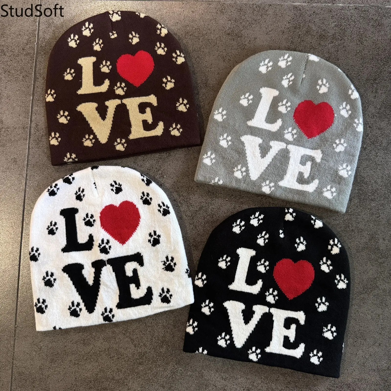 Cute Love Heart Beanie Hat Paw Print Knit Skullcap Kawaii Y2K Aesthetic Sweet Jacquard Winter Caps for Teen Girls Women
