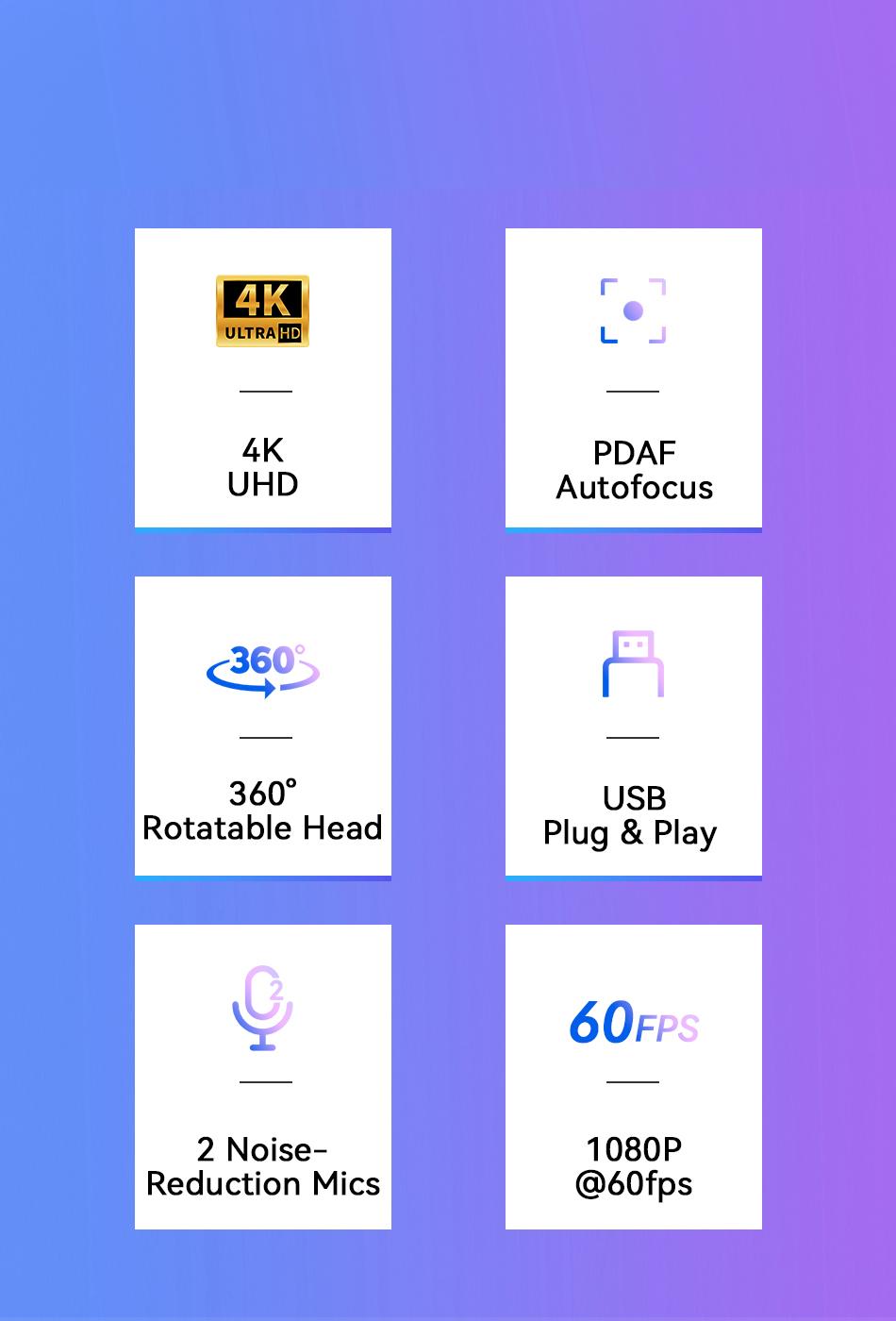 EMEET C60E 4K Ultra HD USB Computer Webcam - Auto Focus, 73° FOV, 4K@30fps, 1080P@60fps, Auto Light Correction, Plug & Play, Privacy Cover for Switch2 Computers, PC Accessories, Gamer Stuff (Streaming, Working)