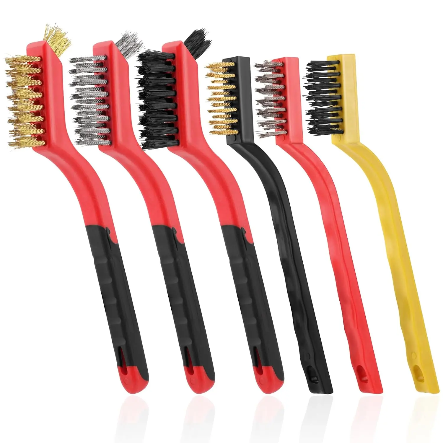 Wire Brush for Cleaning, Small Brass Steel Nylon Brush, Metal Rust Remover | 6 count, Rust// Removal  Metal//Grill, Curved  for Tight Spots, with Hang Hole,  Handle, 7 in