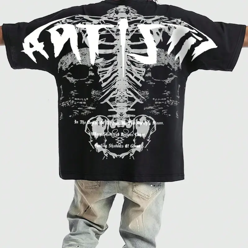 Men's Regular Fit Skeleton & Letter Print Round Neck Tee, Casual Short Sleeve Crew Neck T-Shirt for Summer, Fashion Men's Top for Daily Wear, Tropical, Menswear, Streetwear