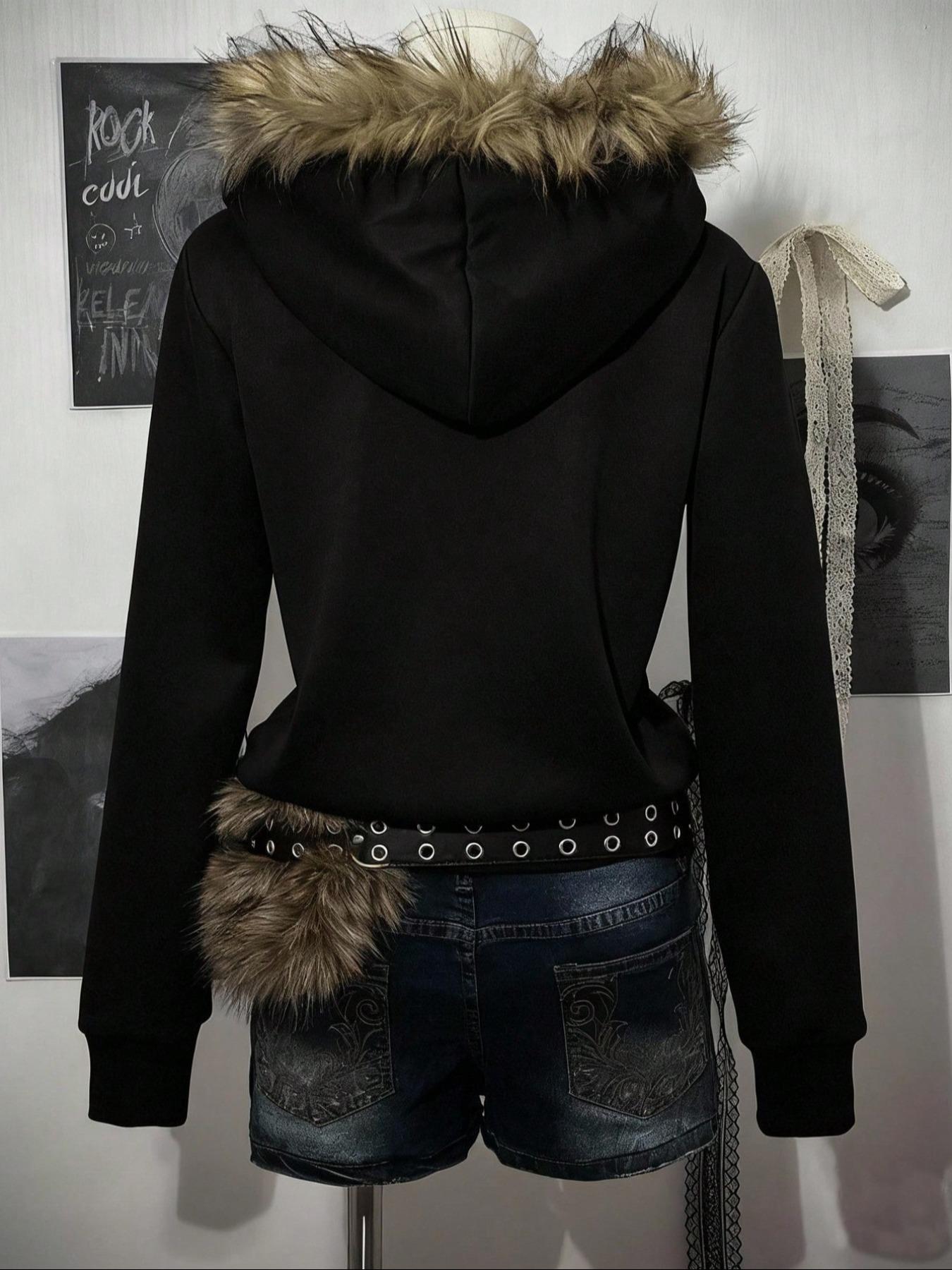 Y2K Gothic Black Faux Fur Hooded Solid Zip-Up Hoodie | Versatile All-Black Fall/Winter Style | Thickened Warm Fabric | Edgy Alt-Style Streetwear | Casual Daily Outfit | Fall/Winter Thermal Top | Trendy Dark Aesthetic 2000s Style Clothing Women