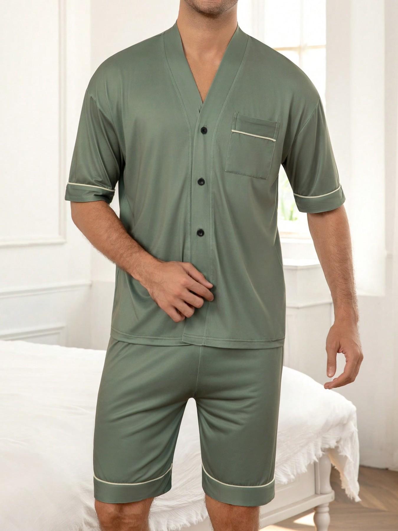 Men's Short Sleeve Pajama Set Pjs Pyjamas Homewear, Solid Color V-Neck Open Front, Contrast Trim with Pockets, Comfortable Sleepwear Loungewear Two-Piece Set