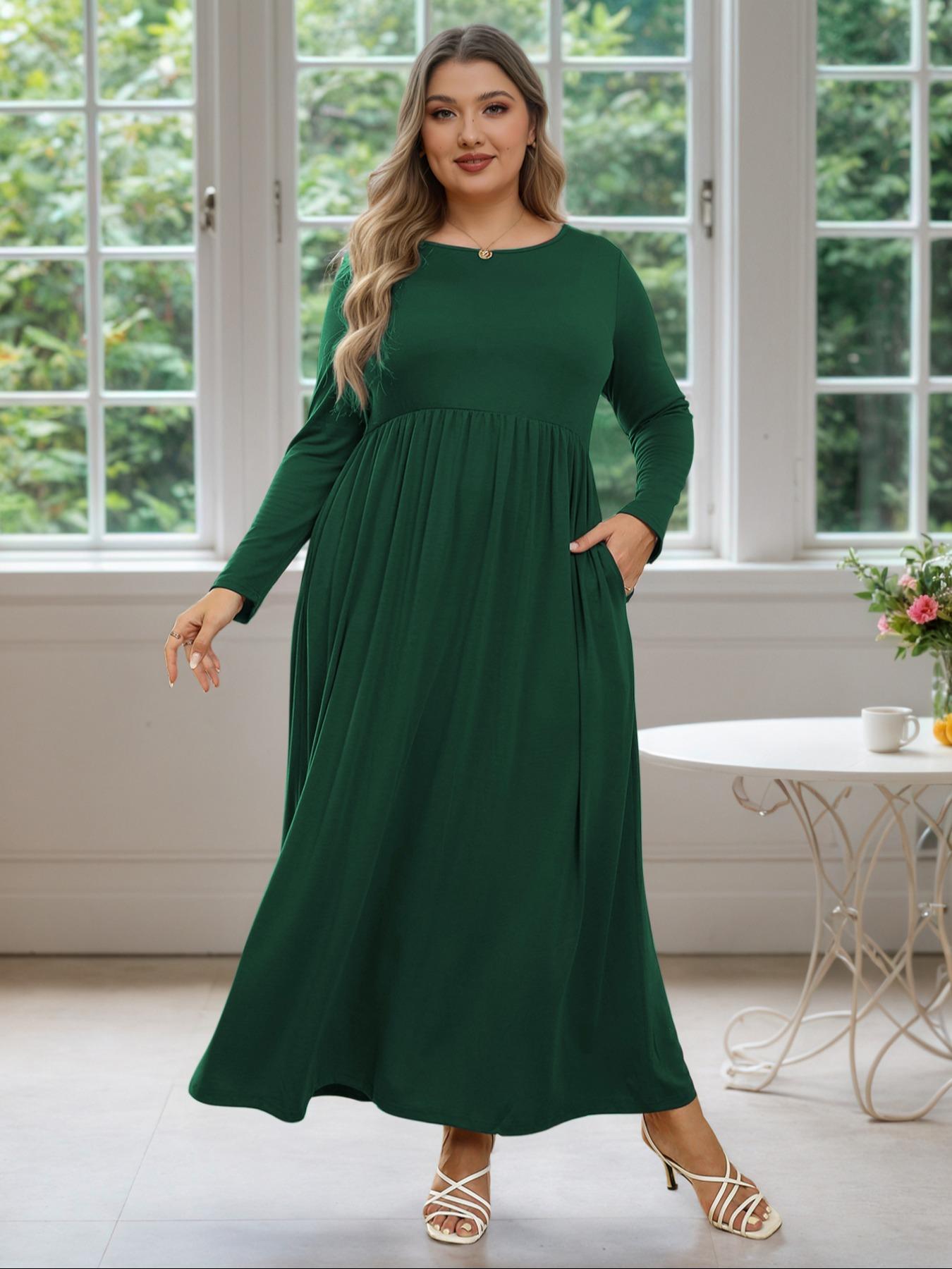 Women's Round Neck Stretchy Casual Maxi Long Plus Size Dress, Perfect for Bridesmaids, Vintage Style Wedding & Party Wear, Comfortable Fabric