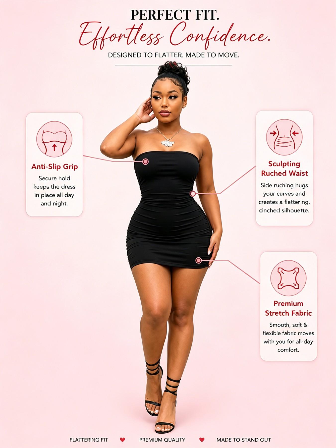 Women's Sleeveless Strapless Tube Ruched Bodycon Mini Dress, Gorgeous Elastic Strap Short Dress, Perfect for Nightclub, Party, Casual, Home, Cocktail Parties