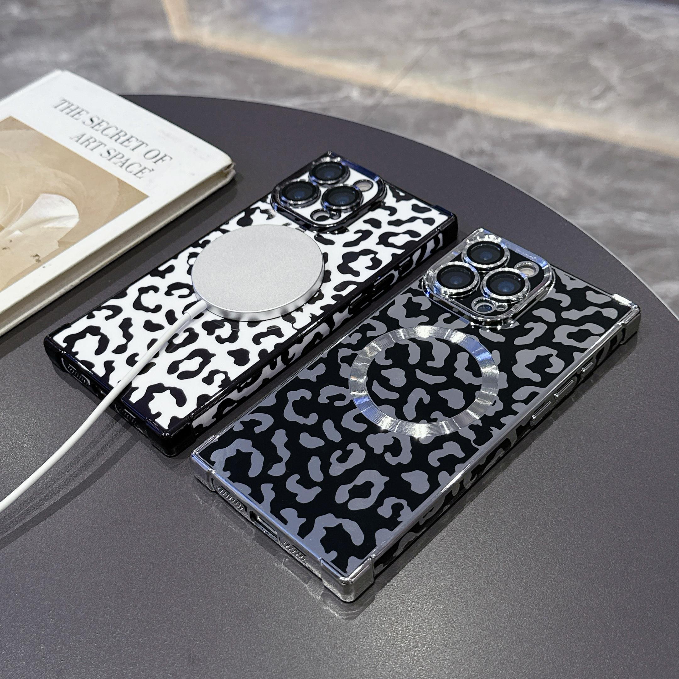 Luxury Leopard Print Shiny Square Edge Phone Case, Cover, Casing, Compatible with iPhone 16 15 14 13 Pro Max, Magnetic Wireless Charging Protection, Accessories