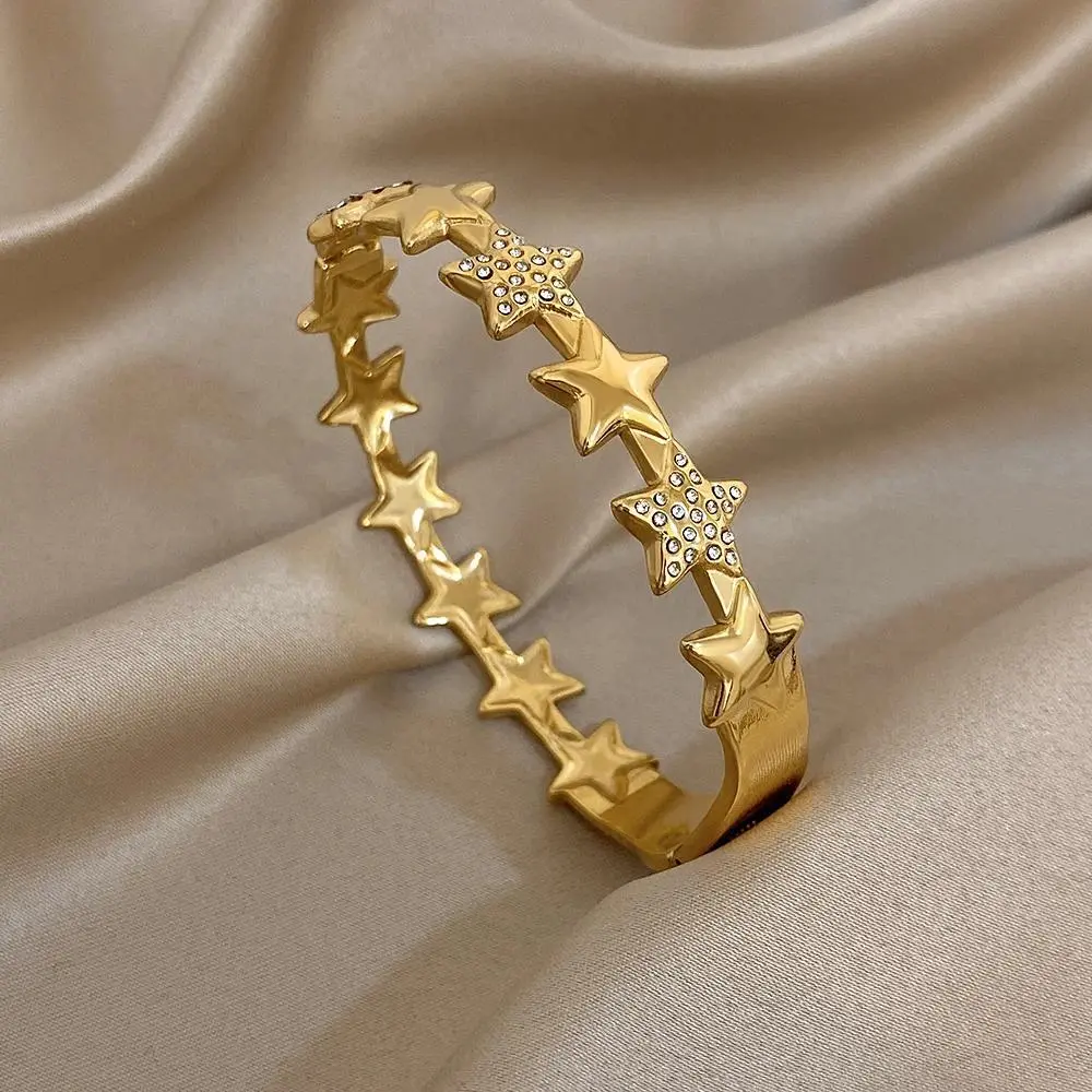 Exquisite Stainless Steel Rhinestone Star Cuff Bangles Bracelet For Women New Fashion Waterproof Stacked Charms Jewelry Gifts