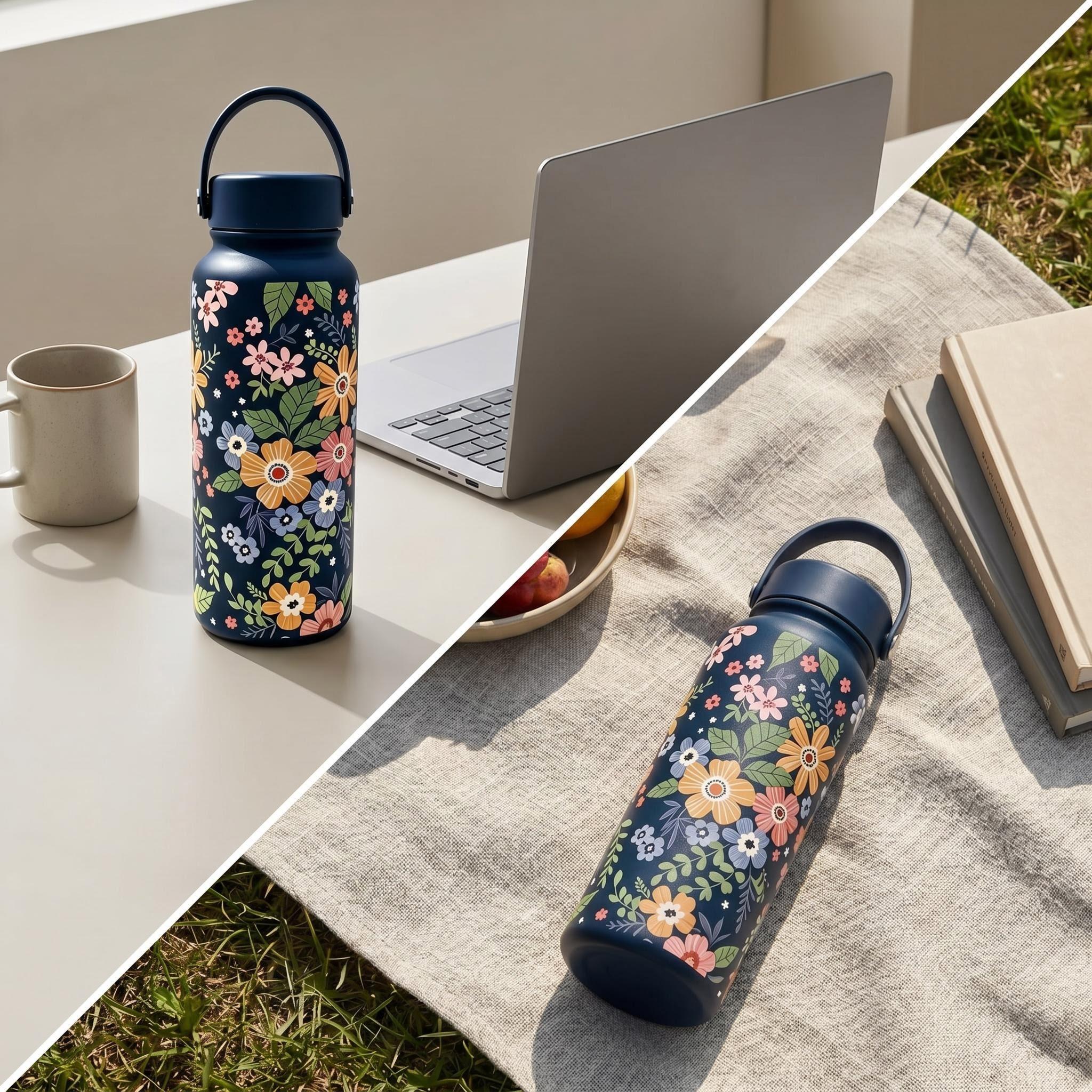 1000ML Floral 3D Print Insulated Cup, Ice Coffee Tumbler, Dual Layer Stainless Steel, Long-Lasting Heat/cool Retention, Portable Water Bottle for Outdoor Activities