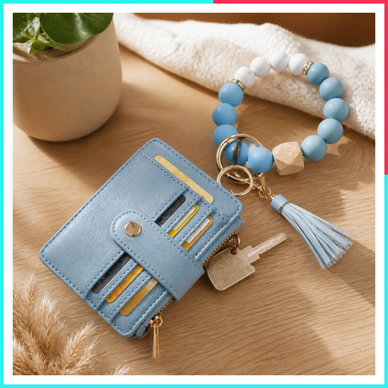 Silicone Bracelet Wristlet Wallet Credit Card Holder with RFID Blocking, ID Window, Key Ring Tassel, Slim Keychain Purse for Women