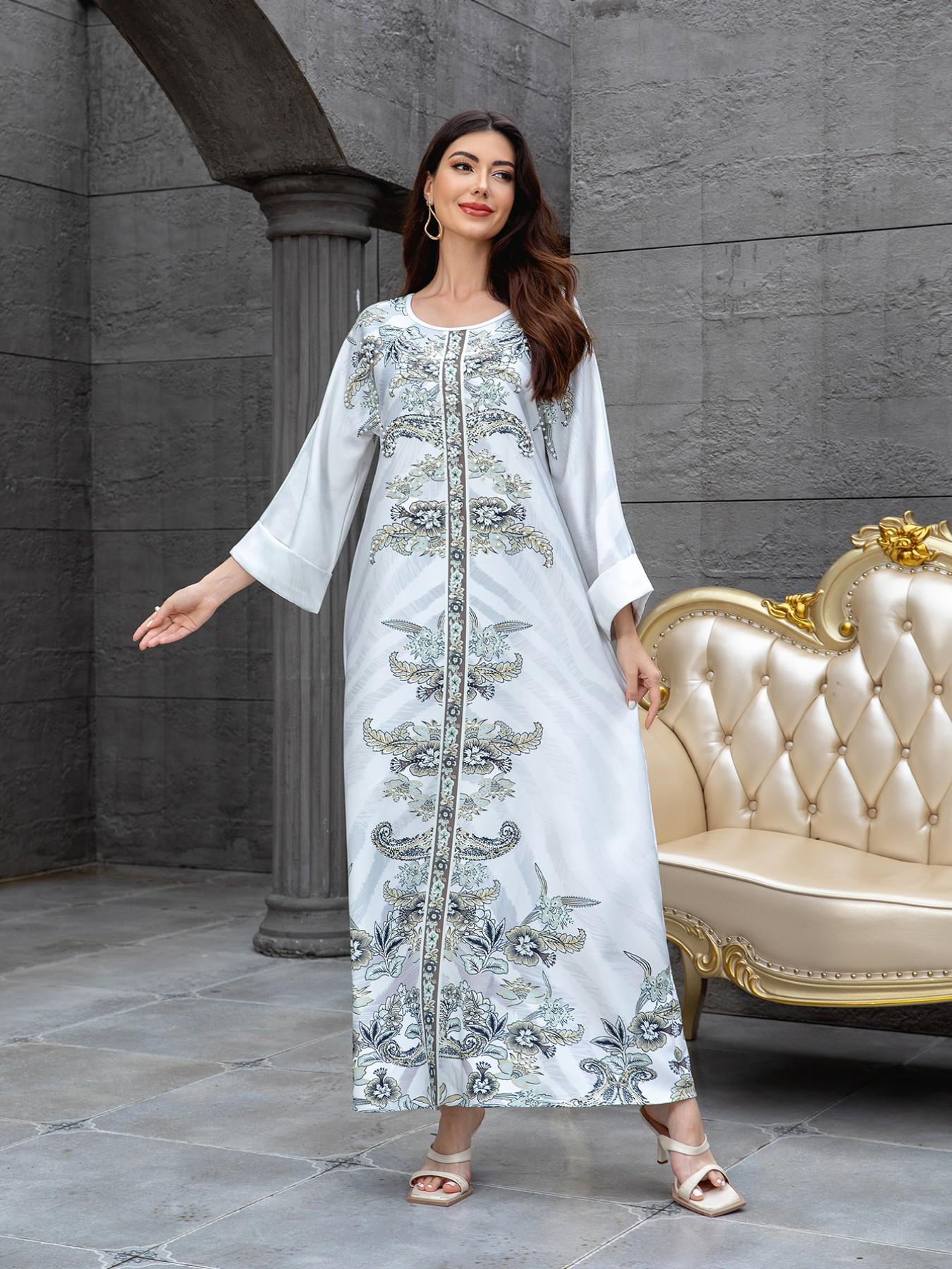 Elegant Muslim Women's Kaftan Dress, High-Density Rhinestone Embellished Print Long Robe, Cross-Border Fashionable Evening Gown