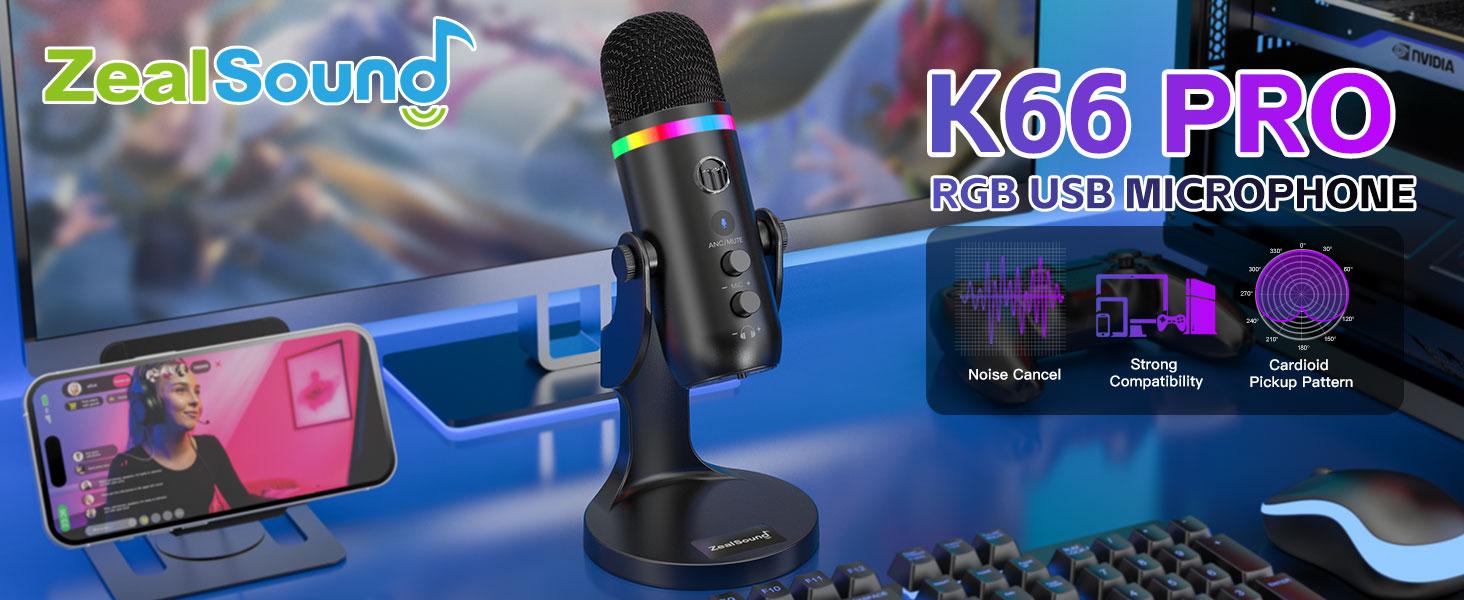 ZealSound USB Microphone,Noise Cancellation Condenser mic with Touch Mute,Gain,Echo,Monitoring,RGB Light for iPhone,iPad,Streaming,Podcast,Twitch,YouTube,Discord,PC,Computer,PS4,PS5,Mac,GamerWave K66 Audio Smartphone streaming equipment