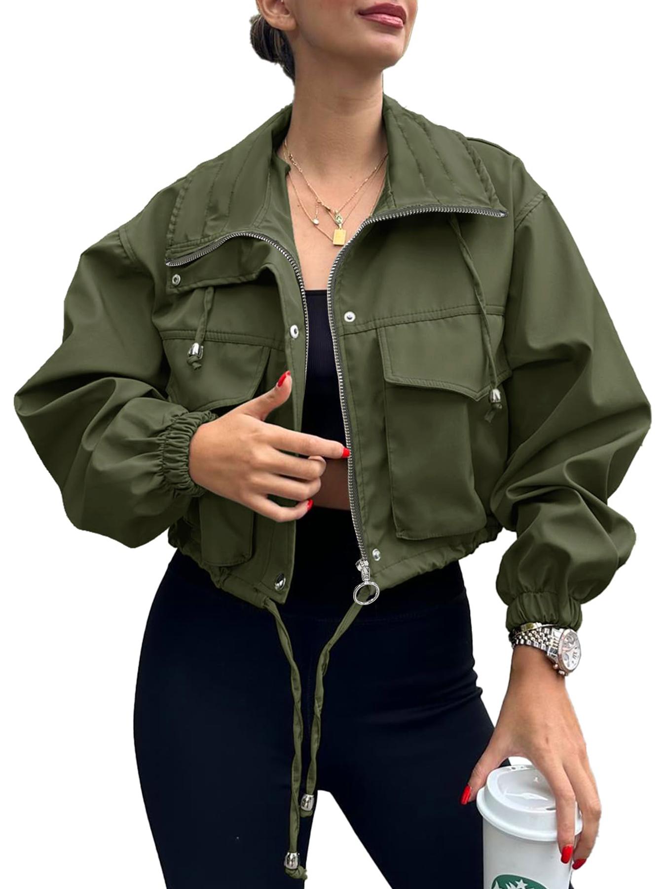 ASWULK Women's Cropped Jacket Zip Up Lightweight Oversized Utility Coat with Pockets for Spring and Fall Wear Adjustable Drawstring Snap Button Zipper