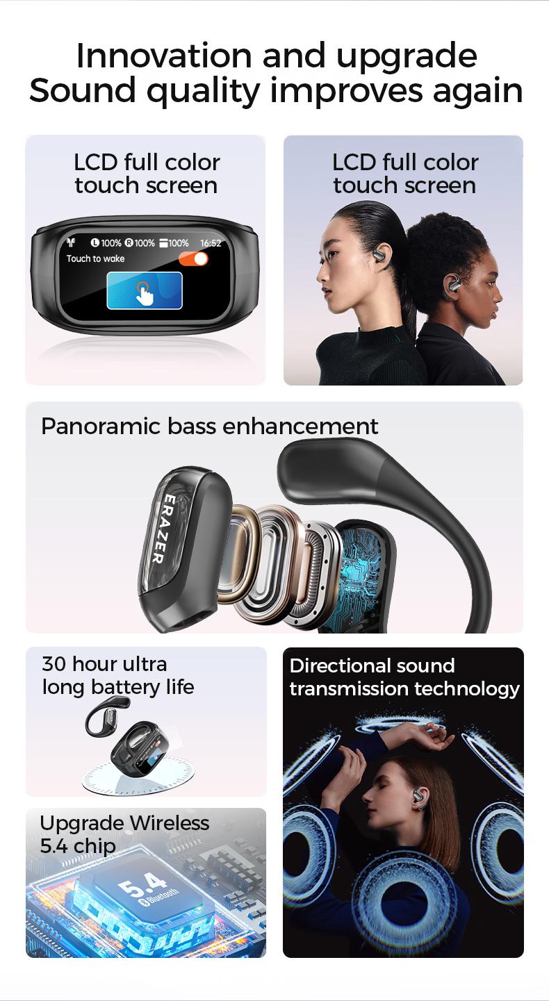 ERAZER XF35 Open Ear Bluetooth Earphones,Bluetooth 6.0 Earphones,Stereo HIFI Sound ,LED Lights Touchscreen Up to 48 Hours Power with Case,Ergonomic Ear Hooks,Ultra-Comfort Wireless Headphones,Built-in Mic Clear call,For Gym Running Workout