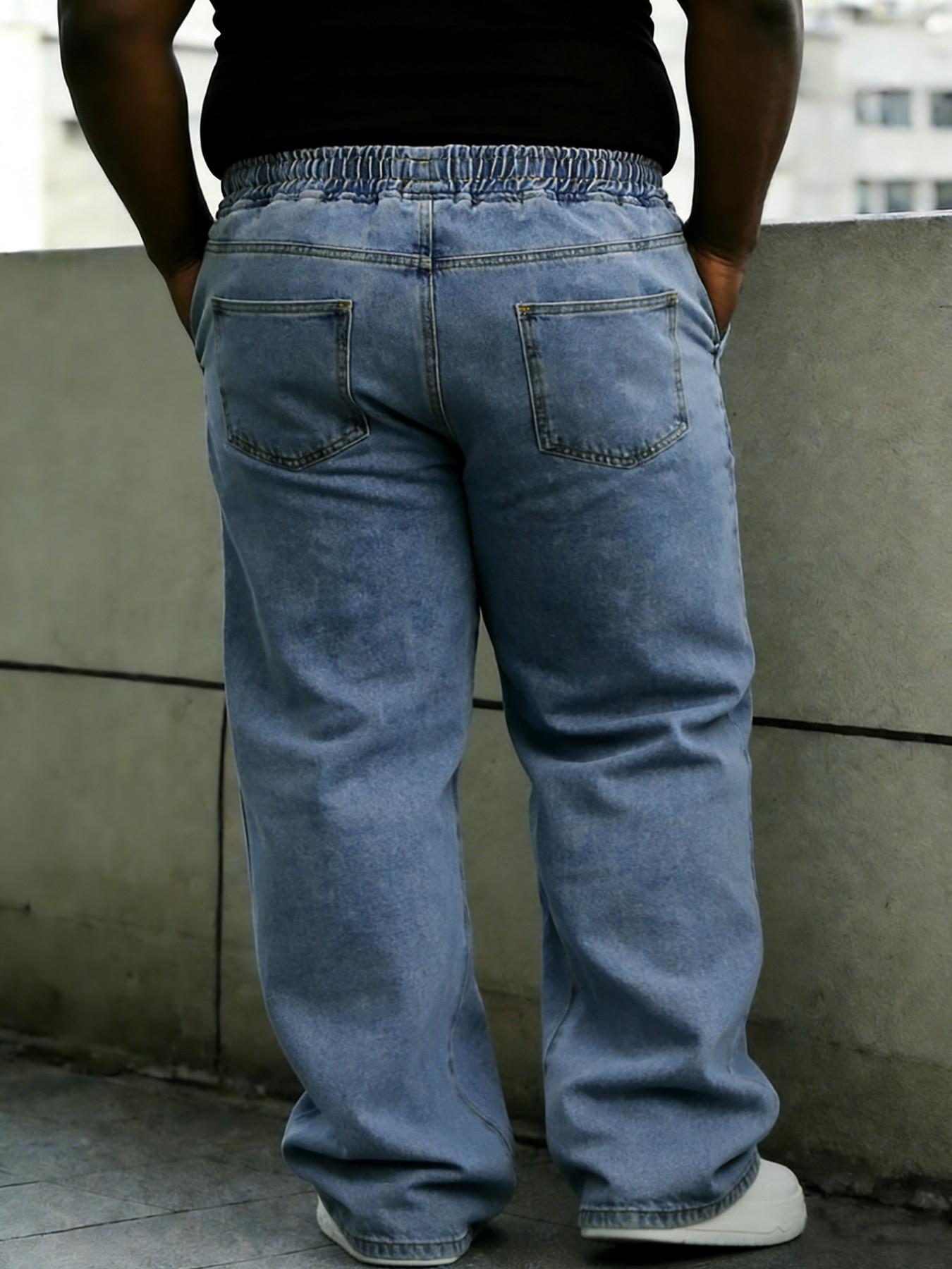 Men's Plus Size Loose Casual Jeans with Pockets, Drawstring Elastic Waist Streetwear, Available in 2XL to 6XL