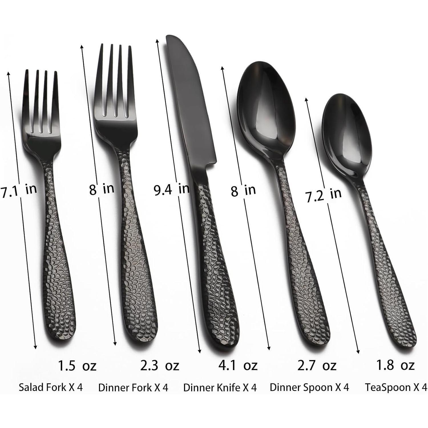 Black Hammered Silverware Set, 20 count Stainless Steel Heavy Duty Flatware Set for 4, -Grade Tableware Cutlery Set for  Restaurant, Mirror Polished, Dishwasher Safe