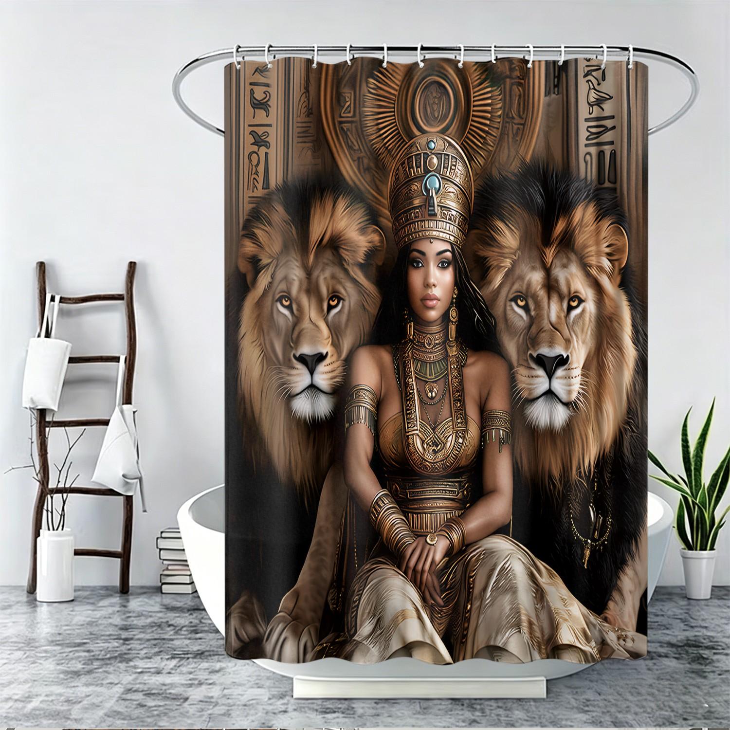 1pcs Luxury Ancient Egypt Queen and Lion Guardians Bathroom Printed Shower Curtain, Elegant Print Shades, Royal Golden Goddess Bath Backdrop, Ethnic Wall Art Hanging