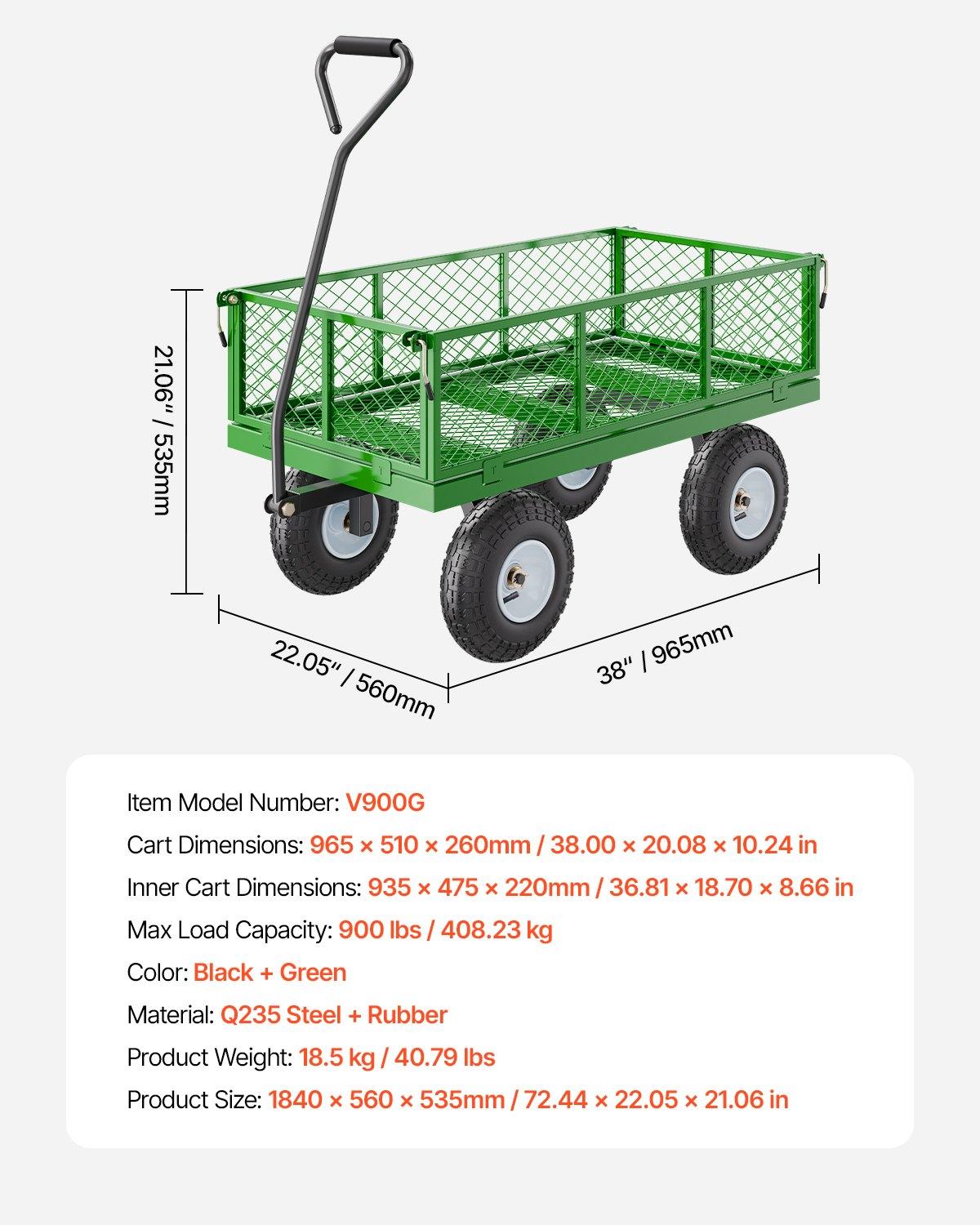 VEVOR 900 Lbs Steel Frame Outdoor Metal Utility Cart, Heavy-Duty Pullable Wagon with 10-Inch Tires, Removable Mesh Sides, Mesh Floor, Convertible Flatbed & 180-Degree Adjustable Handle for Garden Yard Use, 10 Tires, Removable Sides