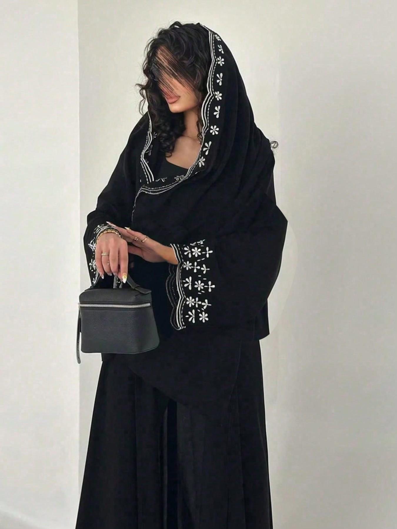 Hafizah New Women's Modest Fashion Embroidered Outerwear Cardigan, Trendy Style Casual Long Dress with Headscarf, All Seasons Oversize Loose Fit Clothes