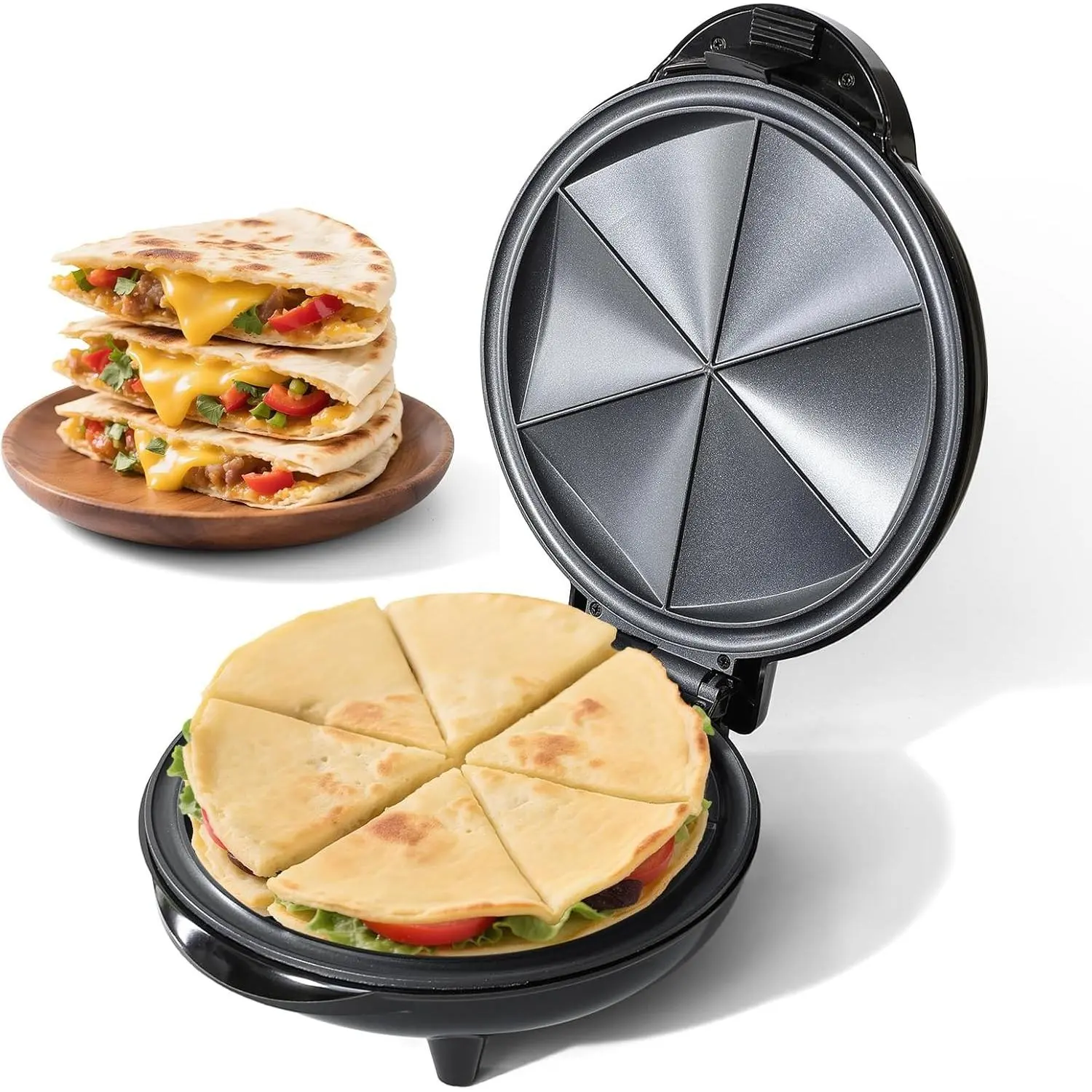 Electric 9.5'' Quesadilla Maker Non-Stick, 6-Wedge Tortilla Cooker, Black | Quesadilla Press Easy-Slice Tortilla Cooker, Grilled Cheese Corn Flour Tortilla Snacks, Taco Tuesday
