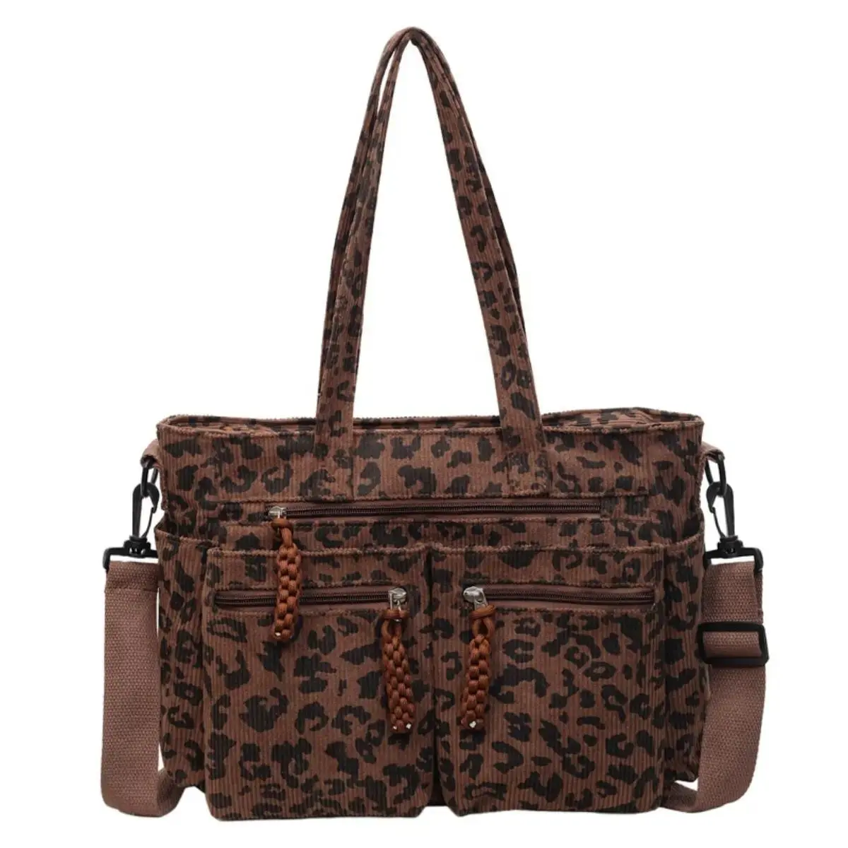 Leopard Print Tote Bag for Women, Large Capacity Shoulder Handbag with Multiple Pockets, Casual Corduroy Travel Purse, Stylish Animal Print Work Bag for Daily Shopping, Office, School and Weekend Outfits