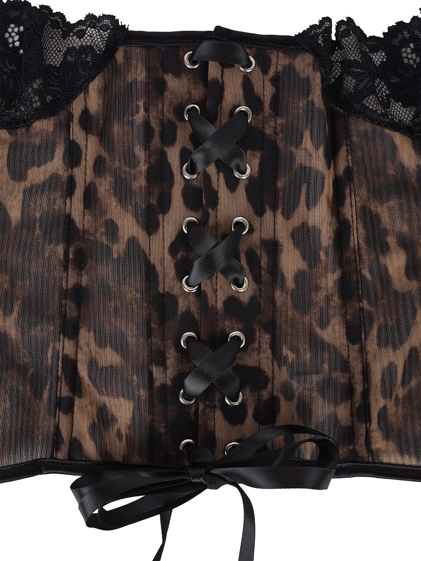 Y2K Leopard Print Lace Trim Corset Top Front Buckle Boned Waist Trainer Sheer Mesh Slimming Bustier For Women Club Party Date Night Outfit