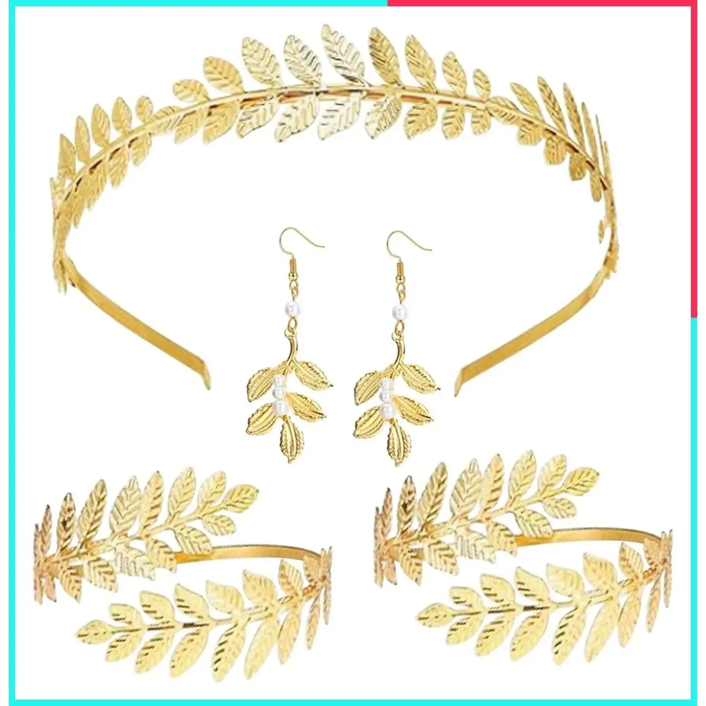 5Pcs Greek Goddess Costume Accessories Set - Golden Leaf Crown Headband, Upper Armband, Bracelets & Dangle Earrings for Women Bridal Wedding Headpiece
