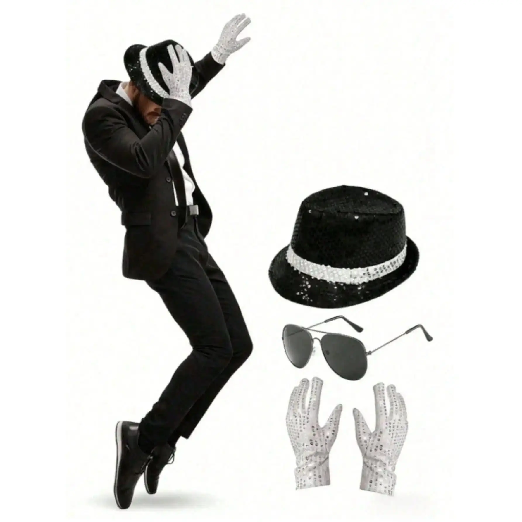 Michael Jackson Costume Accessories Set - Sequin Fedora Hat + Rhinestone Gloves + Aviator Sunglasses, Halloween Cosplay Party Dr