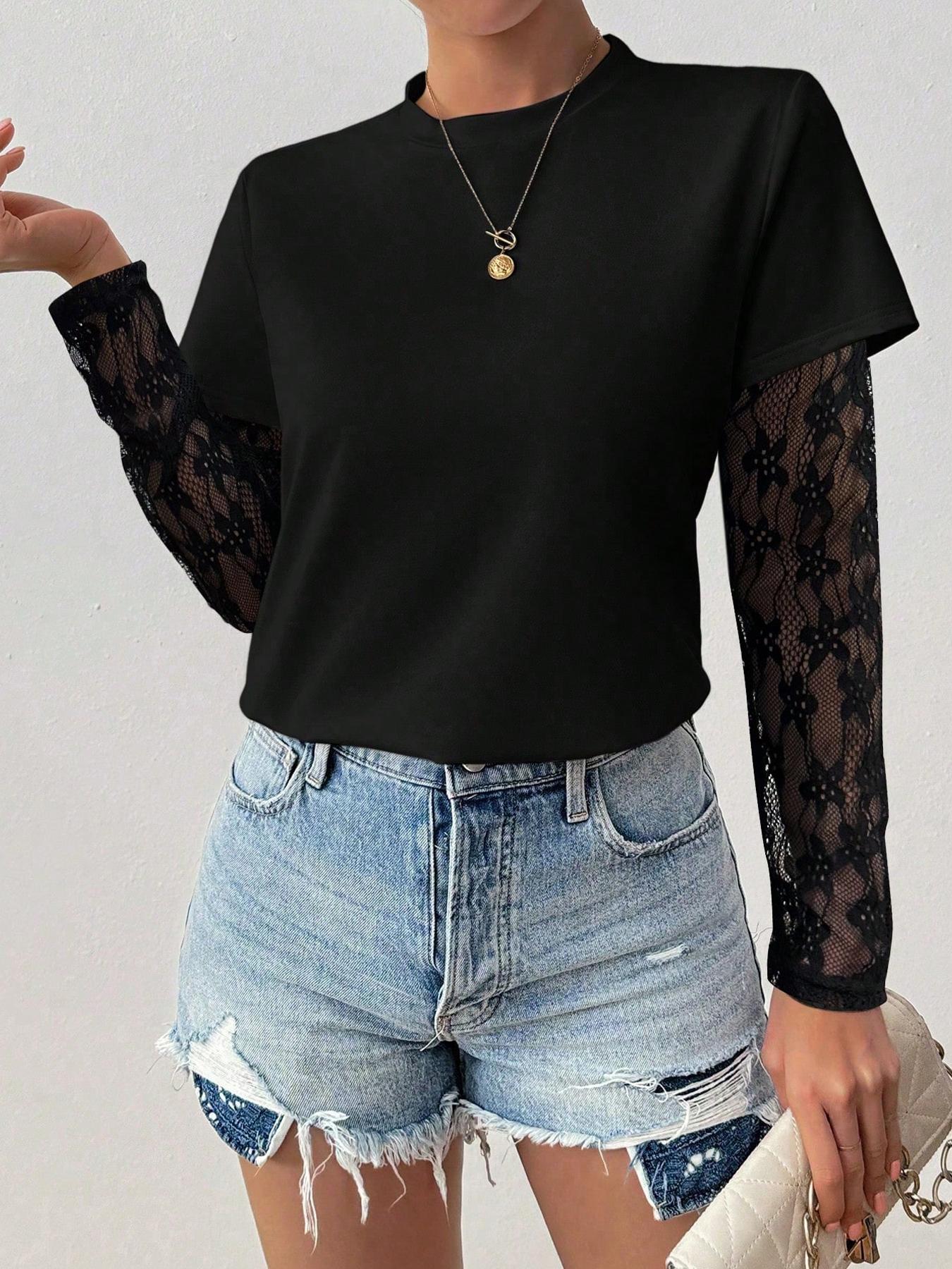 Women's See-Through Lace Sleeve Solid Color Round Neck Long Sleeve Fitted Casual T-Shirt Spring Fall Cloth For Women