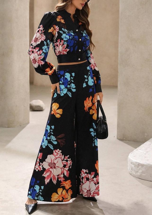Women's Fashion Floral Print Lapel Bubble Long Sleeve Shirt, Spring Summer Casual Commute Wear, Elegant Daily Chic