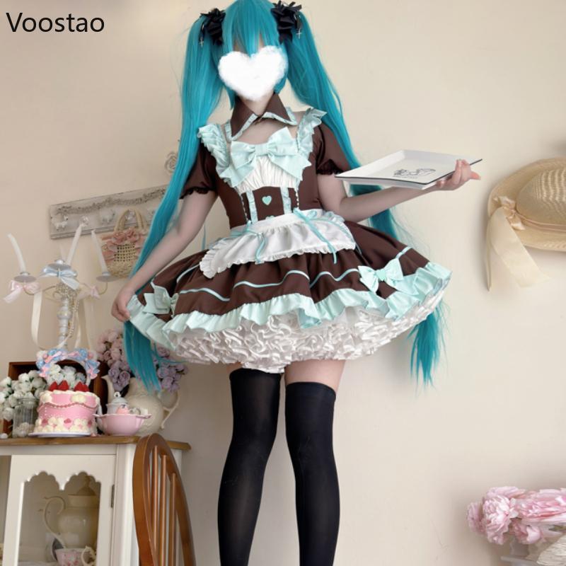 Women's Anime Lolita Maid Dress Set - Sweet Puff Sleeve with Bow, Apron Included, Gothic Clothes for Halloween Cosplay Party, Lady Fashion Accessories
