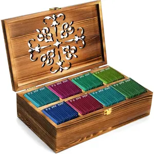 Wooden Tea Bag Box with Carved Lid, 8-Compartment Tea Chest Organizer Spice Packets Container for Living Room,, Office, Home