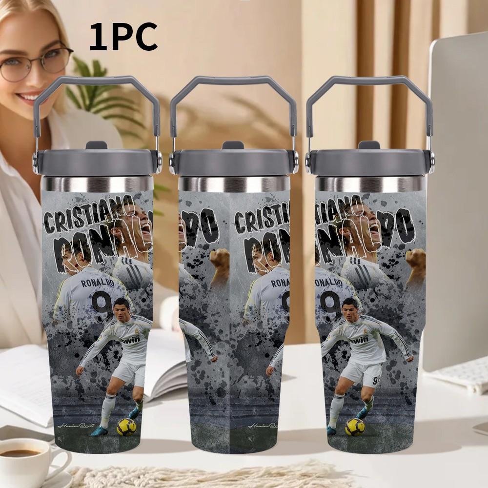 1pc C Ronaldo Print Insulated Travel Mug Tumbler, Long-Lasting Heat and Cold Retention, Stainless Steel Thermal Reusable Cup, Ideal for Fishing, Camping, Office