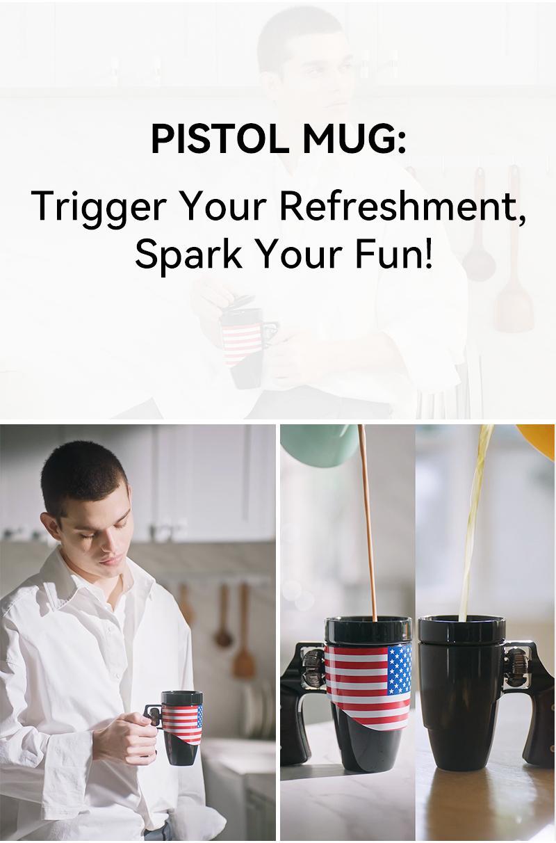 PUKOMC 16oz ceramic revolver mug for gun enthusiasts. Features a heatproof design, wooden handle, and is dishwasher-safe. A durable and stylish black coffee cup Washable Rotatable Drinkware Reuse Funny Tumblers cappuccino mug