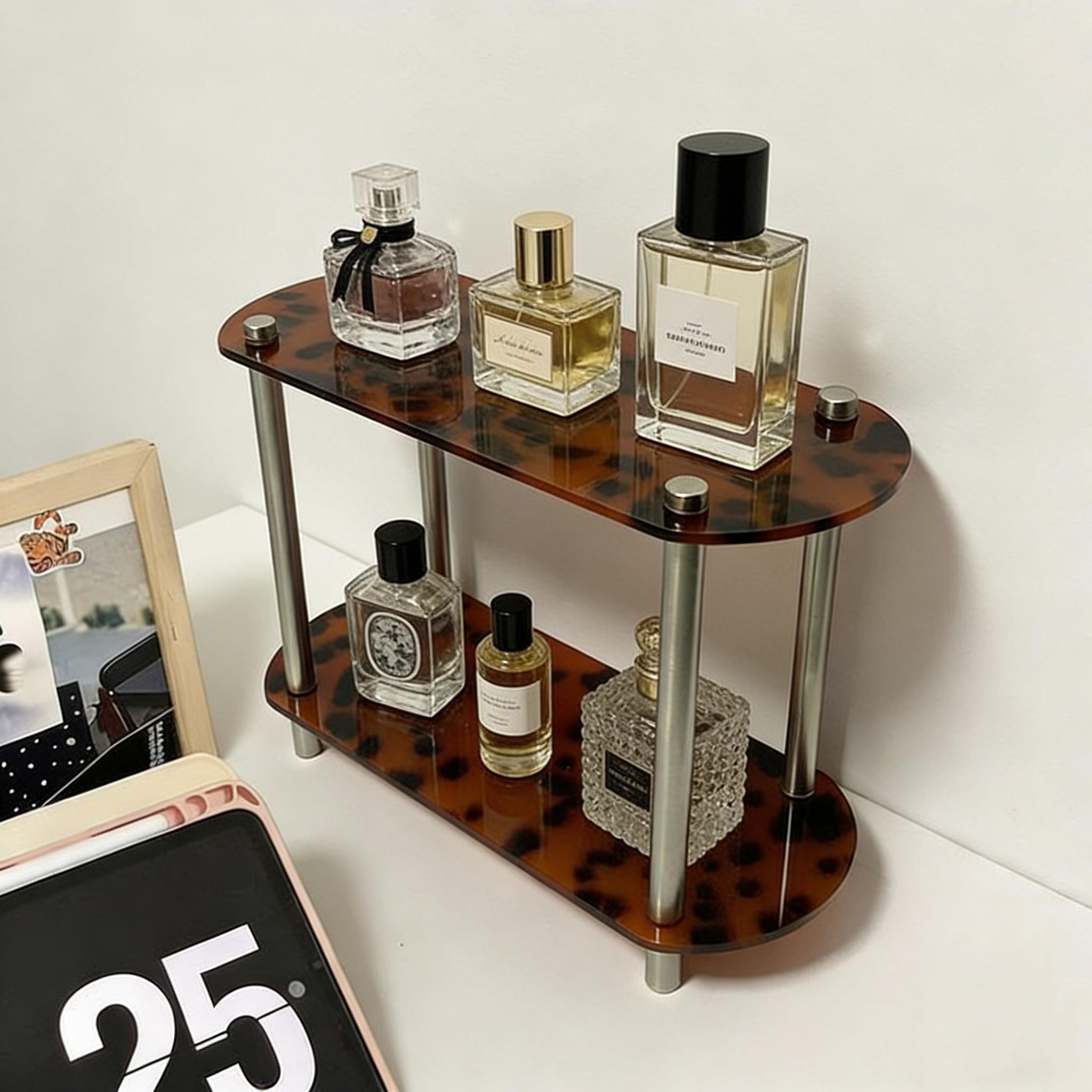 Tortoiseshell Acrylic Two-Tier Shelf, Vintage Perfume Organizer, Bathroom Countertop Tray, Desktop Coffee Cup Holder