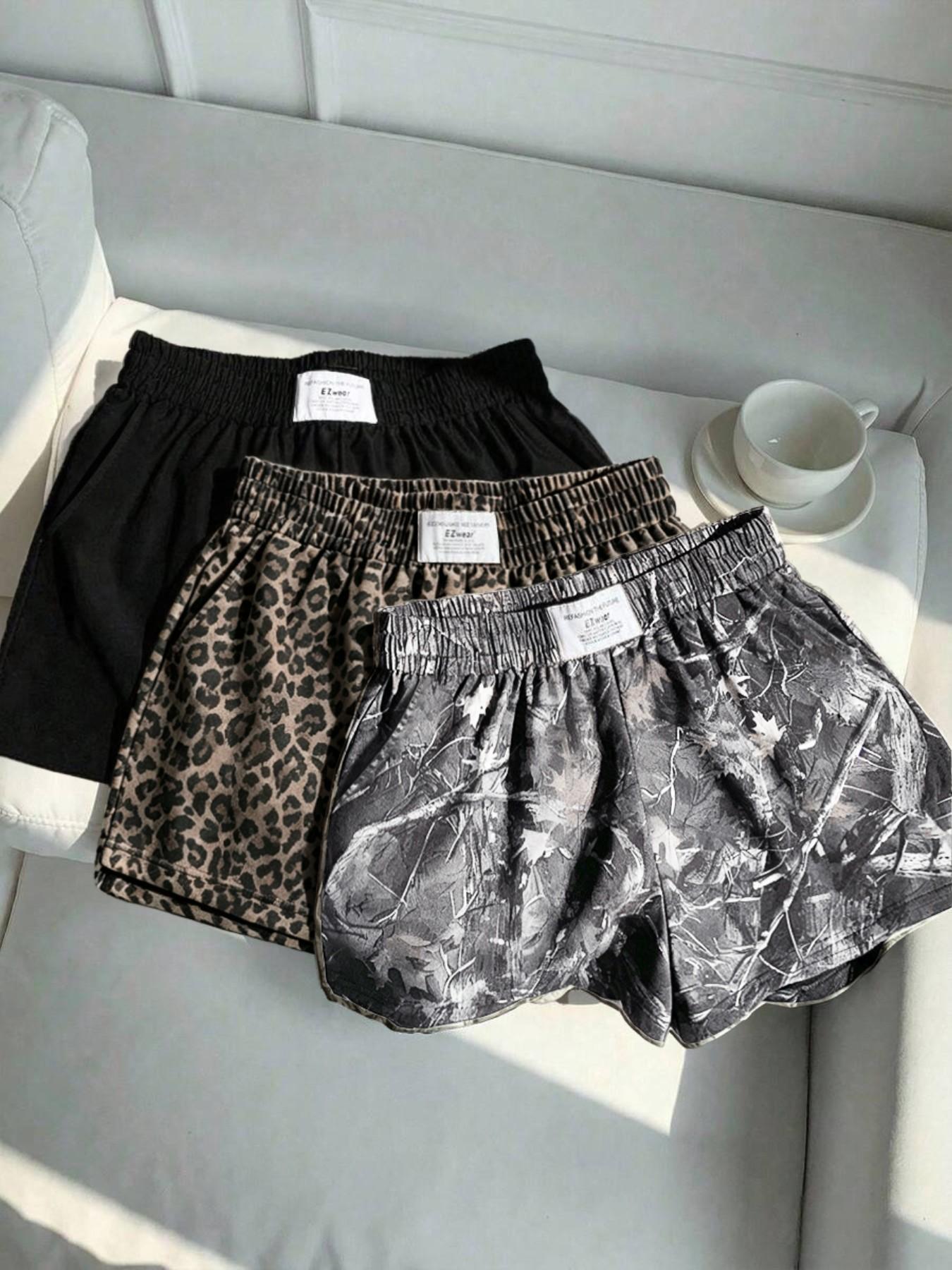 3-Pack Women's Summer Solid + Camo Tree Pattern + Leopard Print Logo Side Pocket Loose Sporty Shorts, Elastic Waist Design, Essential Shorts for Casual Outdoor Wear, Sports Fitness, and Street Style Outfits