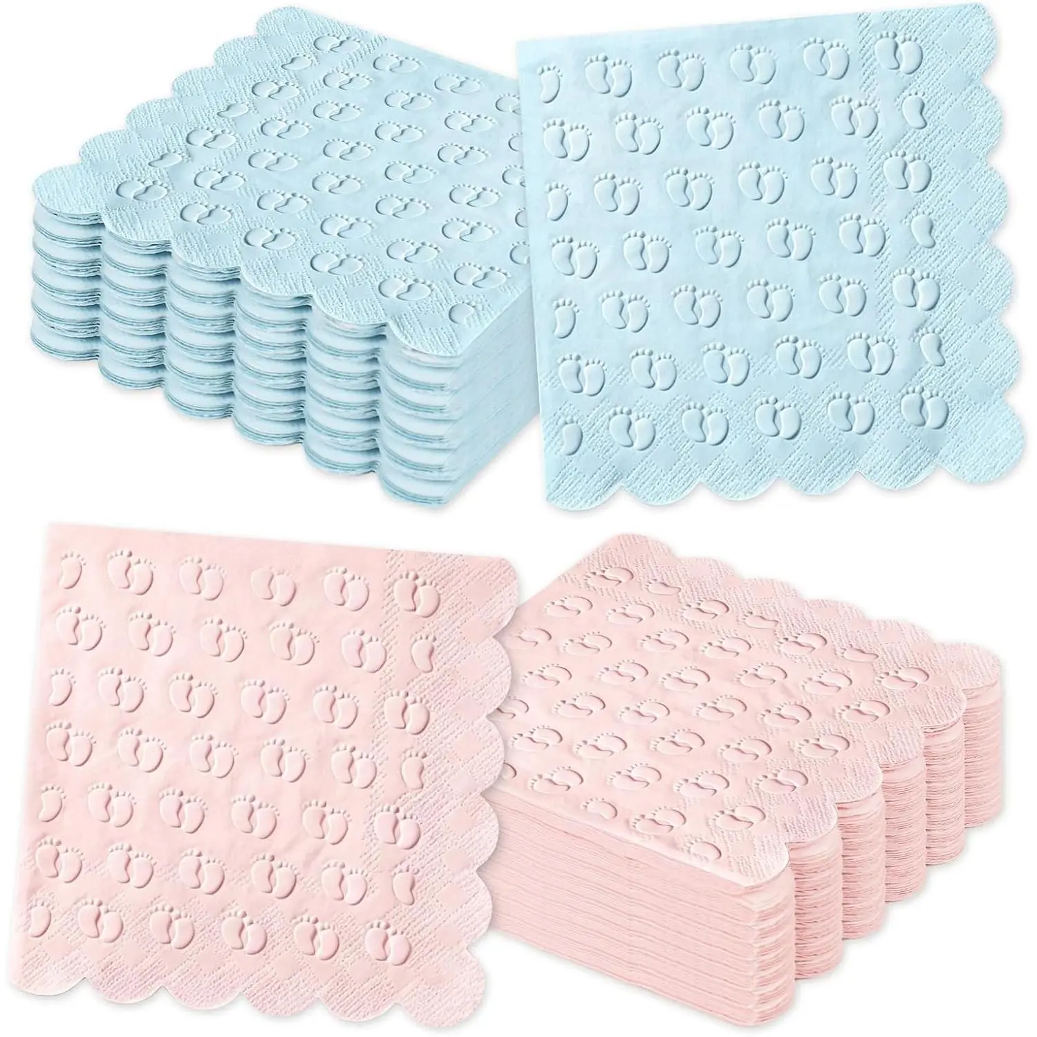 3 Ply Baby Shower Cocktail Napkins 50Pcs 3D Embossed Baby Footprints Scalloped Disposable Paper Napkins Pink Blue Beverage Napkin for Gender Reveal Party Table Decor
