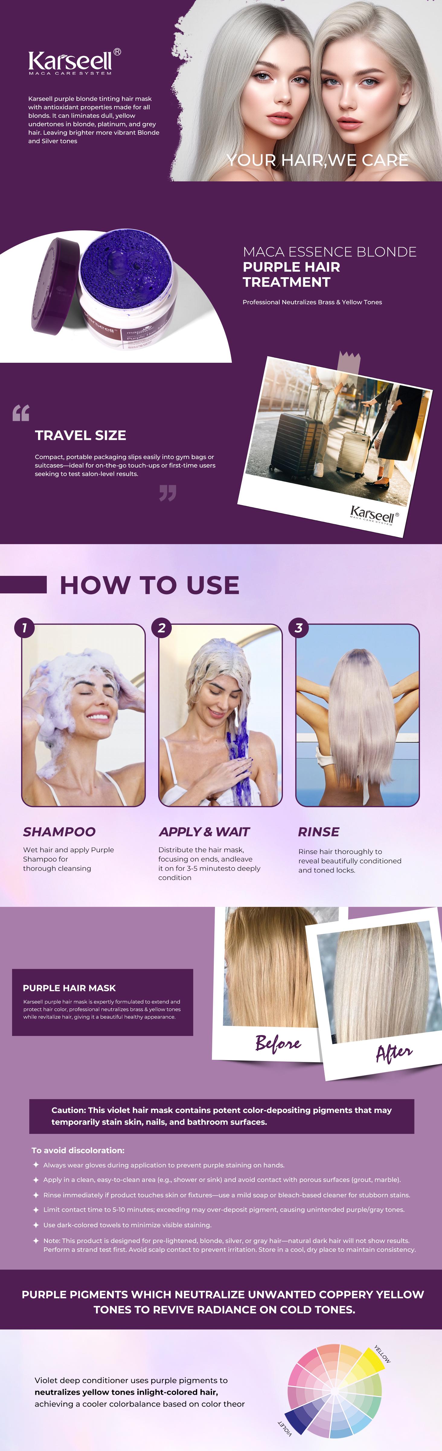 Karseell 3.38floz 100ml Purple Hair Mask Professional Neutralizes Brass & Yellow Tones For Blonde Silver Gray Highlighted Hair