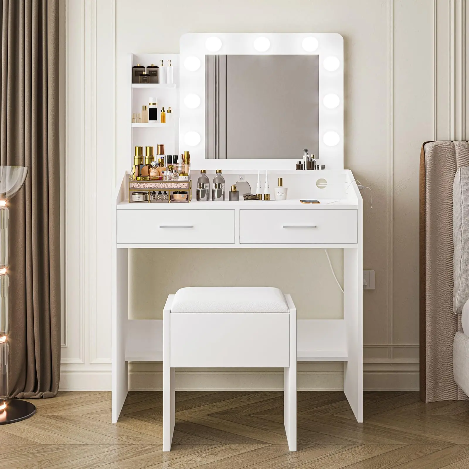 GARVEE White Vanity Desk with Mirror - LED Lights, Power Outlet, USB Ports, 2 Drawers, 3 Adjustable Lighting Modes, Cushioned Stool, Hairdryer Holder - Elegant Makeup Vanity for Bedroom