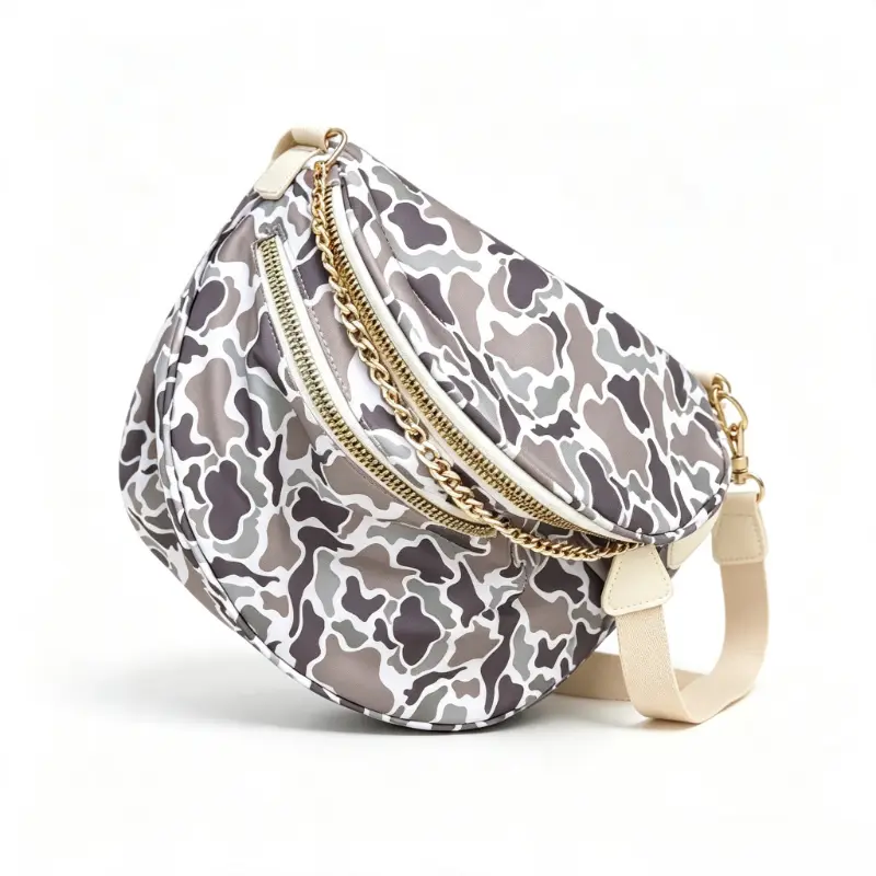 Women Camo Print Sling Crossbody Fanny Pack, Gold Chain Decor MultiZipper Waist Bag, Lightweight Nylon Casual Shoulder Chest Bag, Trendy Daily Travel Outdoor Storage Purse